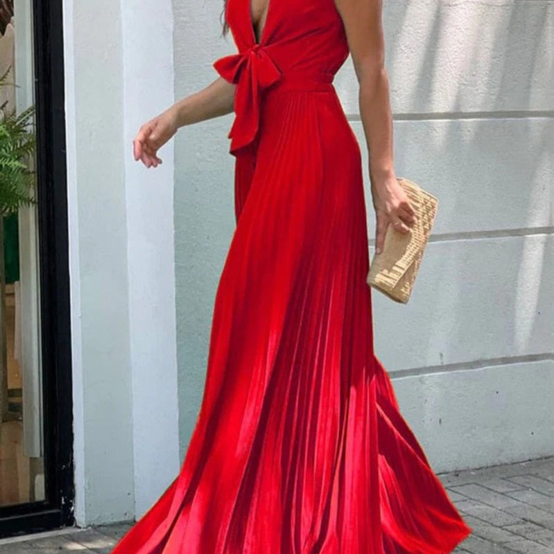 Onecozyday Stylish Sleeveless Lace-Up Pleated Deep V-Neck Sexy Jumpsuits Summer Vacation Party Prom Jump Suits For Women