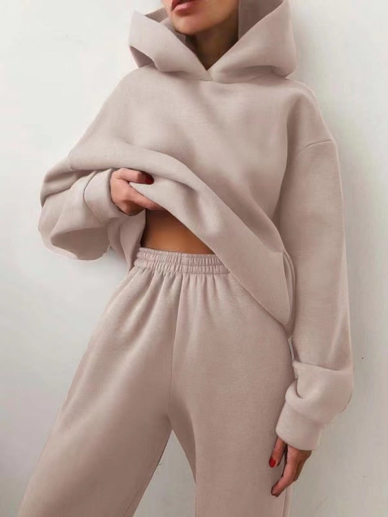 Winter Women Two Piece Sets Tracksuit Autumn Casual Solid Long Sleeve Hoodie Sweatshirts Female Oversized Trouser Pant Suit