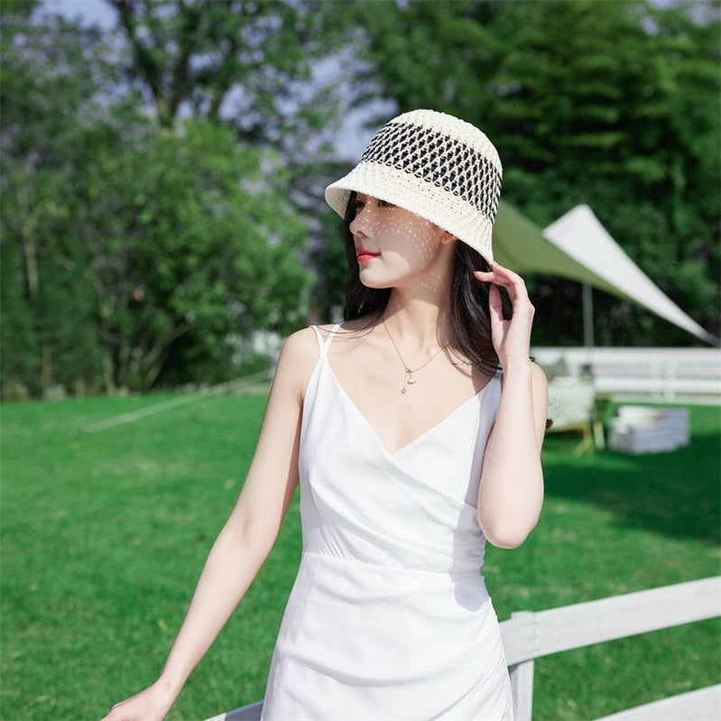 Sunscreen Hat Women's Net Red ins Korean Bucket Hat Hollow out Fisherman Basin Hat Outdoor Knitted Sun Shield Hat 10 55-58CM