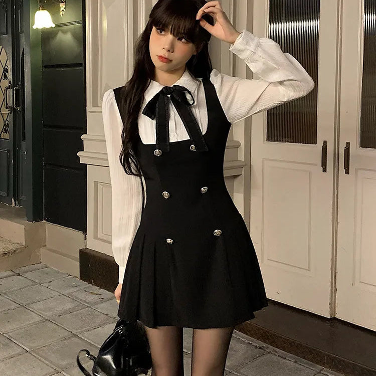 Autumn Fake Two Dress Women Slim Chic Long Sleeve Bow Casual Y2k Mini Dress Female Korean Fashion Elegant Short Party Dress