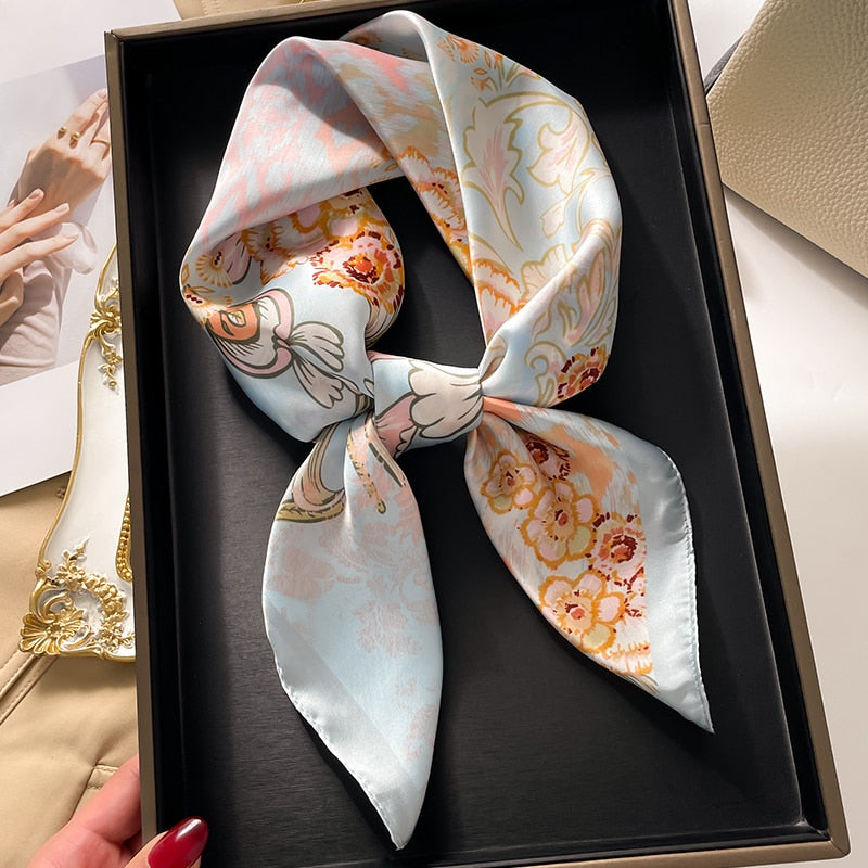 Luxury Print Satin Silk Square Scarf for Women Shawl Hijab Neckerchief Female Hair Ribbon Headband Fashion Wrap Bandana New FJ725-1