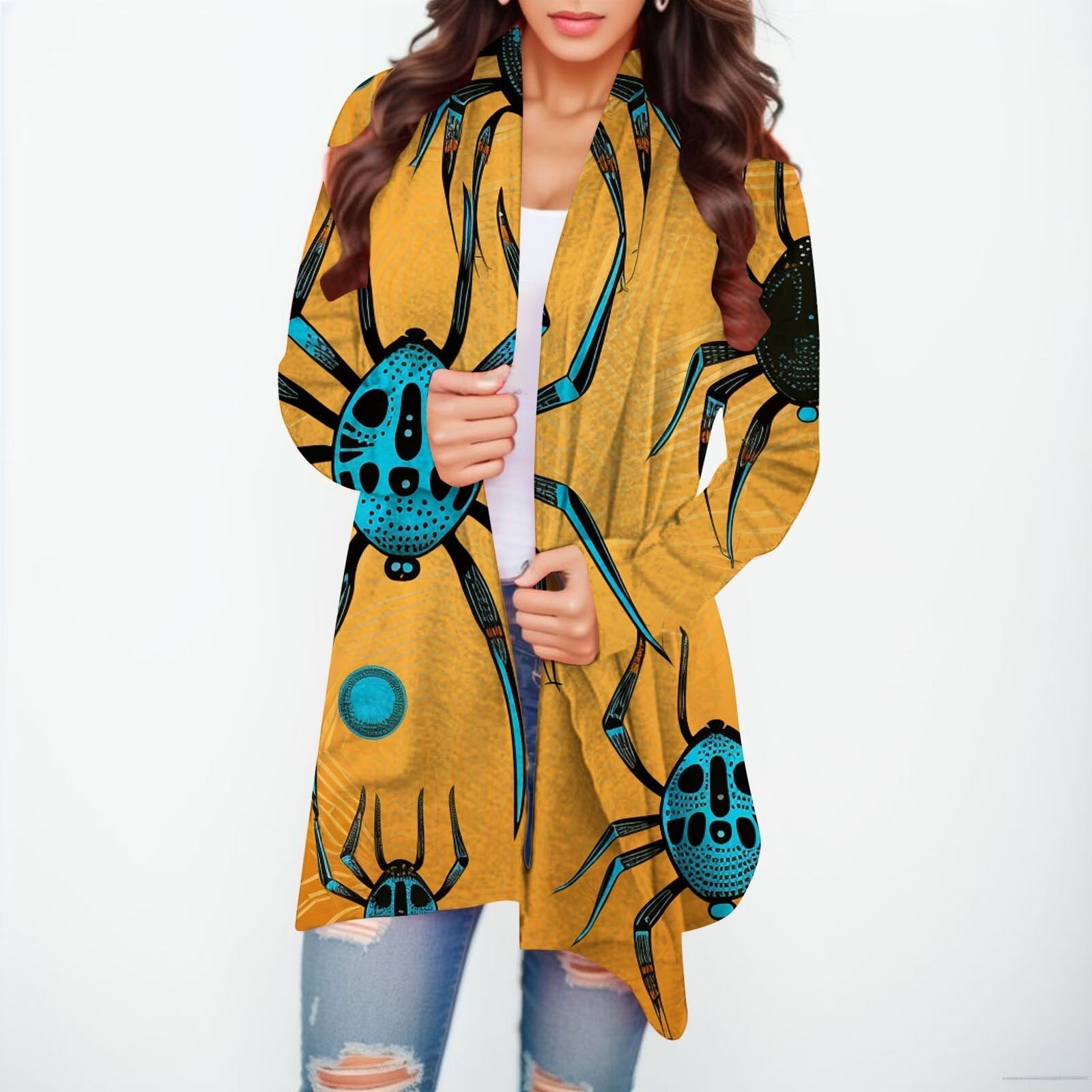 Halloween Print Women's Cardigans Witch Spider Web Fun Graphic Open Front Coat Cardigan With Pockets Fall Casual Coat Jackets I
