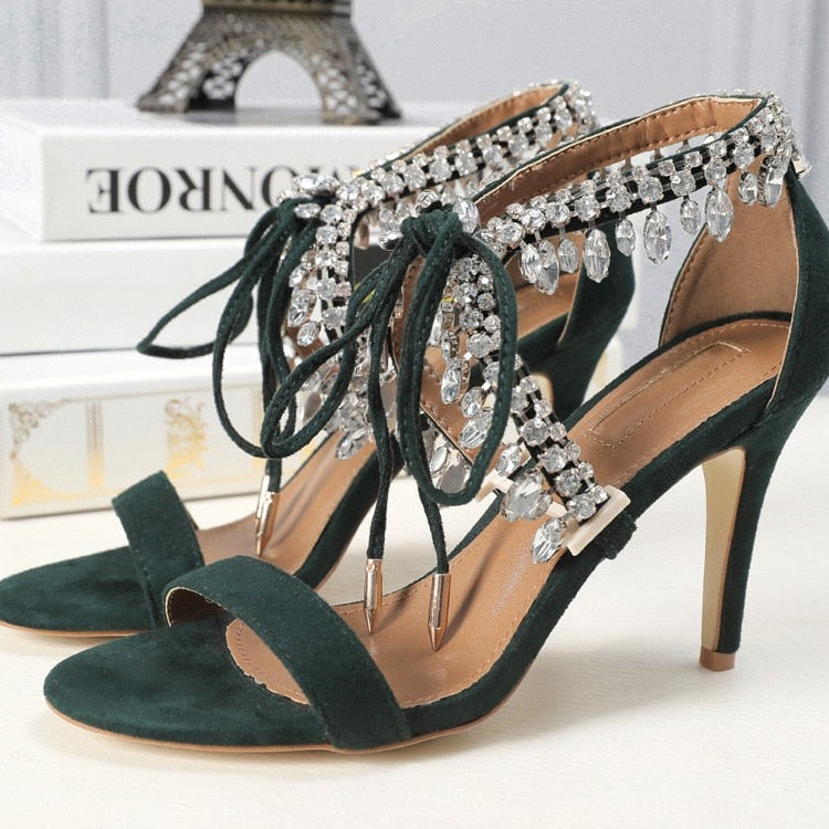 Crystal Tassel Sandals Strap Suede Women Summer Shoes Cross Diamond Stiletto Mujer Party 8cm and 10cm Pumps Big Size Euro 42 10cm heel 9