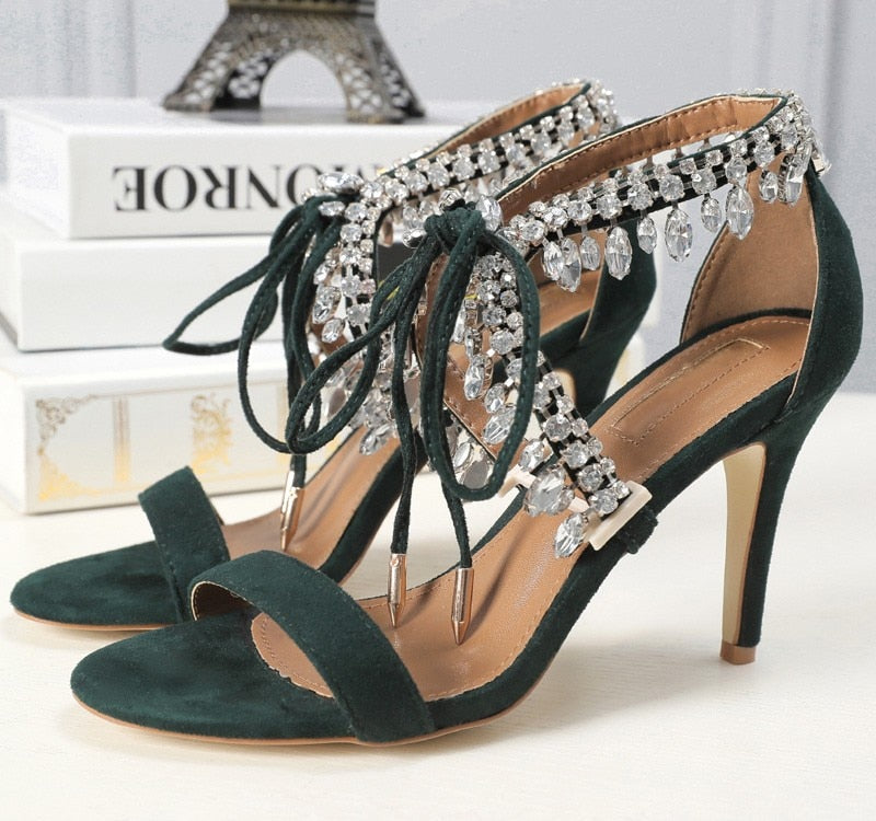 Crystal Tassel Sandals Strap Suede Women Summer Shoes Cross Diamond Stiletto Mujer Party 8cm and 10cm Pumps Big Size Euro 42 10cm heel 9