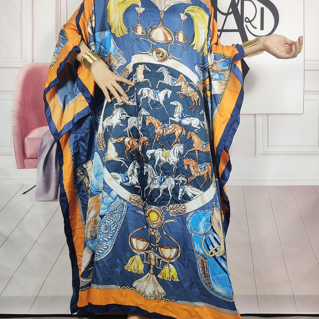 Kuwait Fashion - 2023 Summer Boho Loose Silk Kaftan Maxi Dress Oversized African Muslim Lady Abaya color 12 One Size