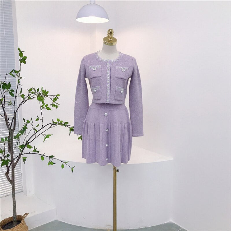 Autumn New In Embellished Cropped Knit Pink Cardigan with Sequin Pleated A-Line High Waist Mini Skirt Set Short Jacket