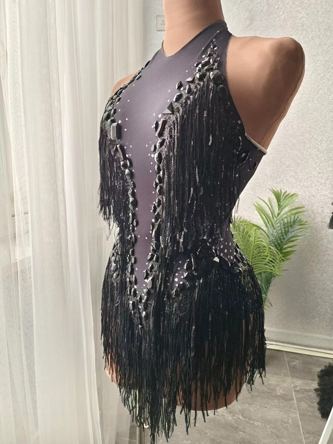 Women Nightclub Outfit Dance Costume One-piece Stage Wear Sexy Performance Clothing Sparkly Black Stones Sequins Fringes Leotard