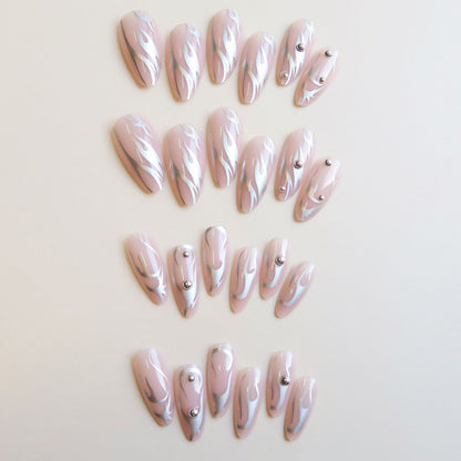 Wearable Silver Stripes Y2k False Nails Long Almond Round Fashion Nail Tips Press On With Silver Beads Designs Fake Nails Art