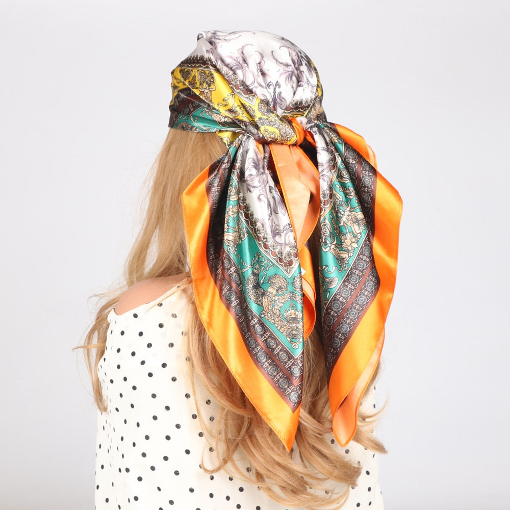 Silk Scarves Luxury Brand Spring Summer Women Head/Hair Scarf 90X90cm Fashion Hijab Bandana Cheveux Foulard Femme BK50-3 90X90CM
