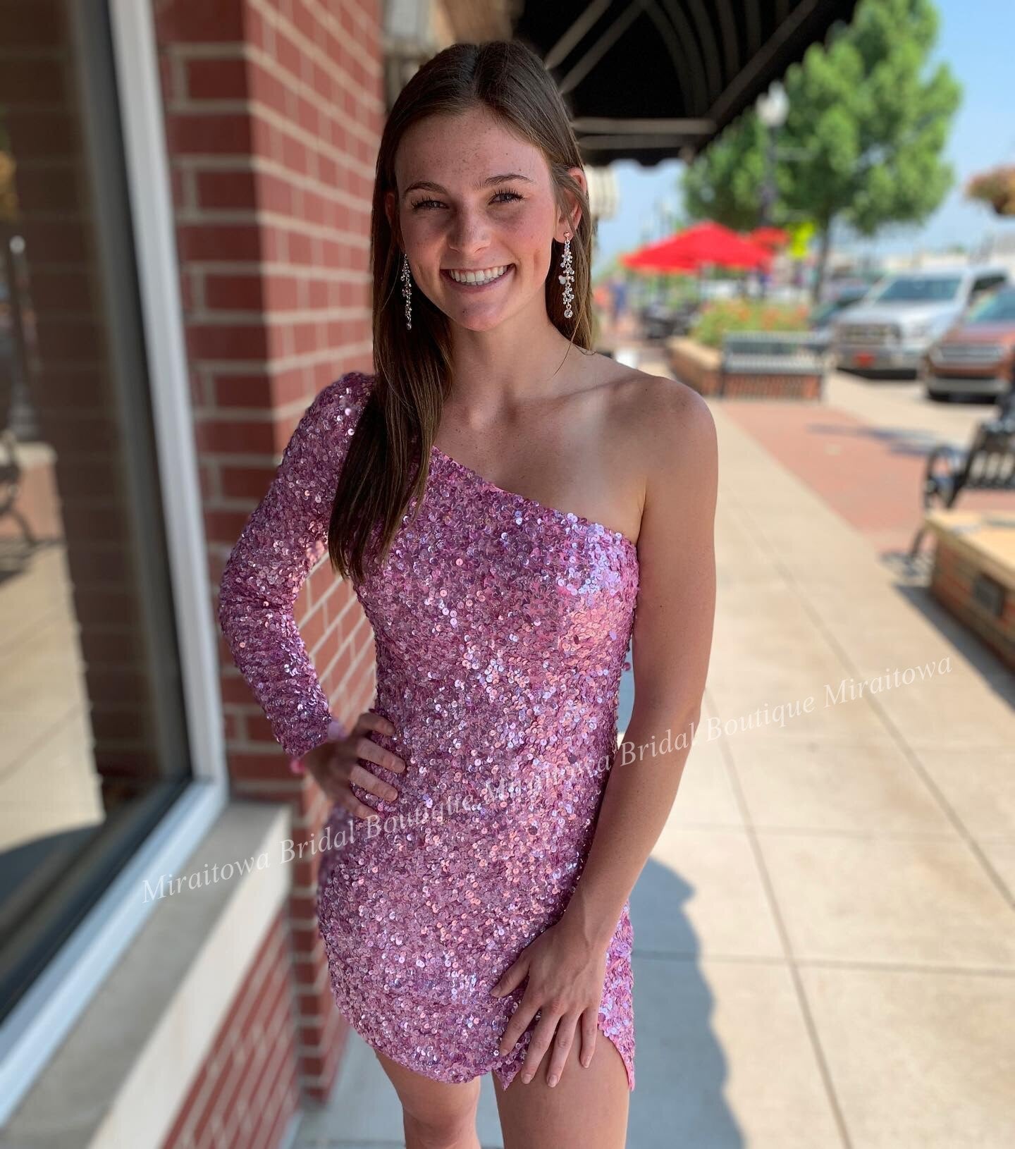 Pink Sequin Mini Cocktail NYE Dress Long Sleeve Lady Formal Event Homecoming Party Gown Club Night Hoco Gala One-Shoulder