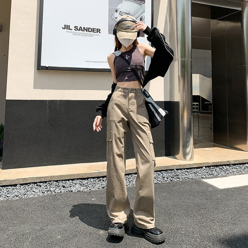 American Retro Khaki Green Pockets Cargo Pants Women 90s Baggy Workwear Jeans Female Straight Loose Wide Leg Trousers Summer Y2k Khaki