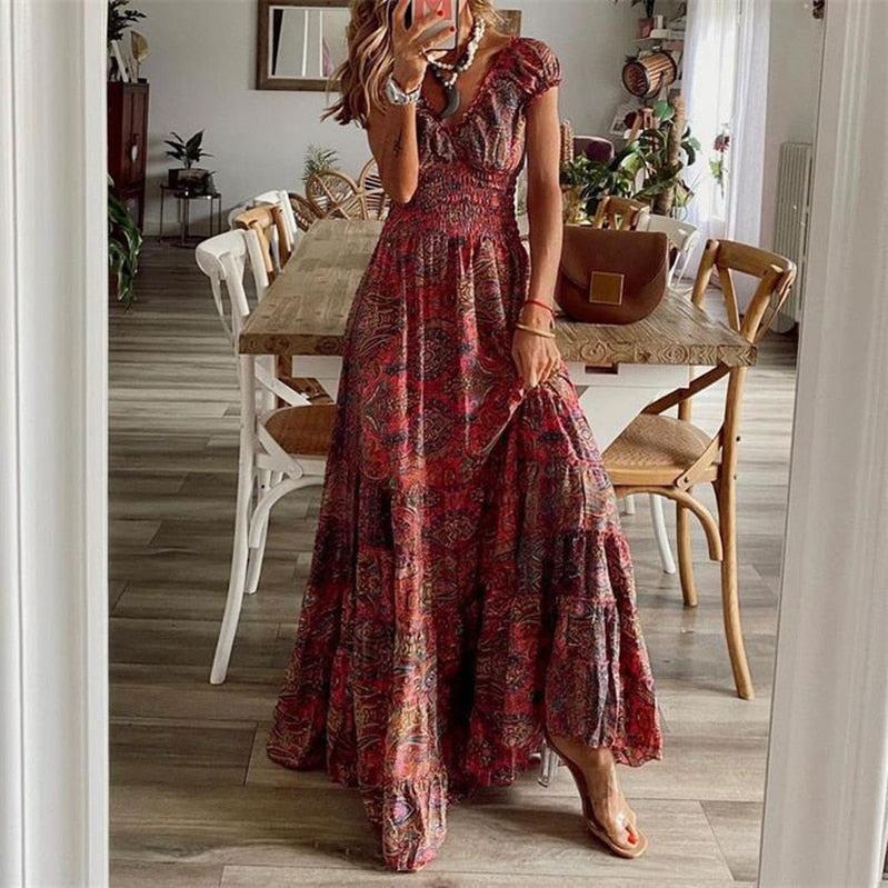 Women Vintage Print Maxi Dresses Summer Casual V Neck Short Sleeve Elastic Waist Dress Female Boho Beach Big Swing Long Dresses EA07932-Wine