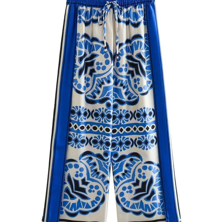 Woman Shirts Pants Sets New Summer Geometric Print Loose Long sleeved Shirts Fashion Elastic Waist Wide Leg Pants Outfits