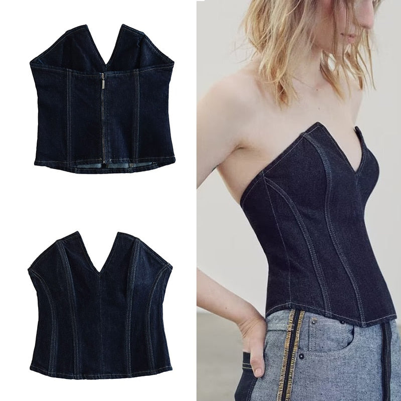 Traf Women's Corset Crop Top Y2k Streetwear Summer Women's Clothing - Vitage Denim Croo Top Women Vest 2023 Style 10