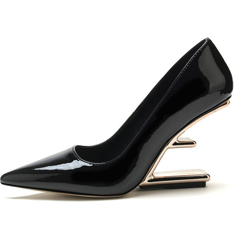 Metal High Heels Women Shoes Strange Style Pumps Women Pointed Toe Buckle Party Dress Shoes Women Fashion Zapatos De Mujer Black Patent Leather