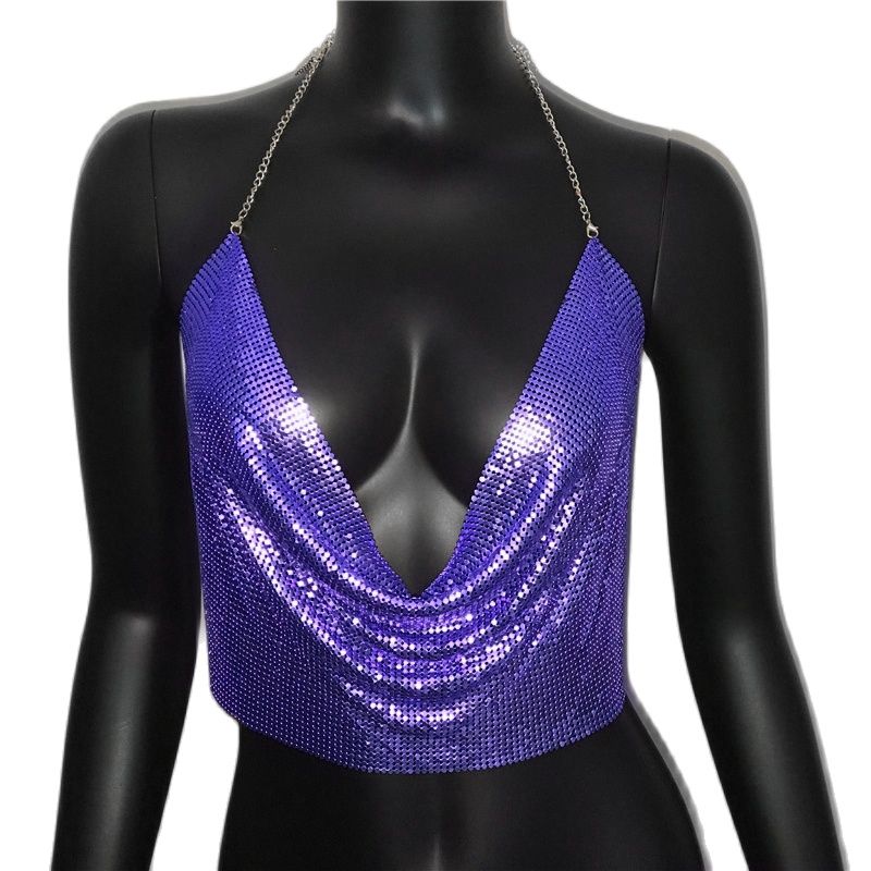 Women Sexy Metal Sequined Tank Camis Summer Gold Silver Backless Cropped Glitter Beach Club Show Wear Tank Tops Purple 25 cm One Size