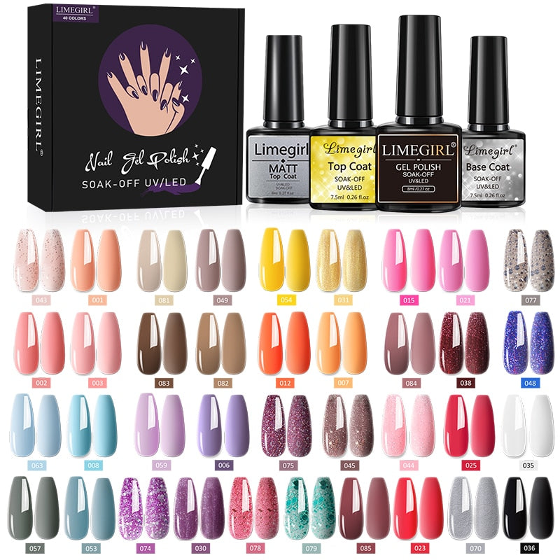 Limegirl Gel Nail Polish Set Kit Pink Glitter Popular Spring 60/40/24 Colors Semi Permanent UV Led Gel Varnish Soak Off Nail 37-3PCS-1