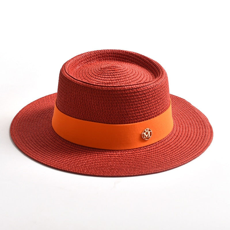 New Summer Straw Sun Hats for Women Ladies Fashion Flat Brim Ribbon Beach Hat Travel Dress Cap chapeau femme Red 56-58CM
