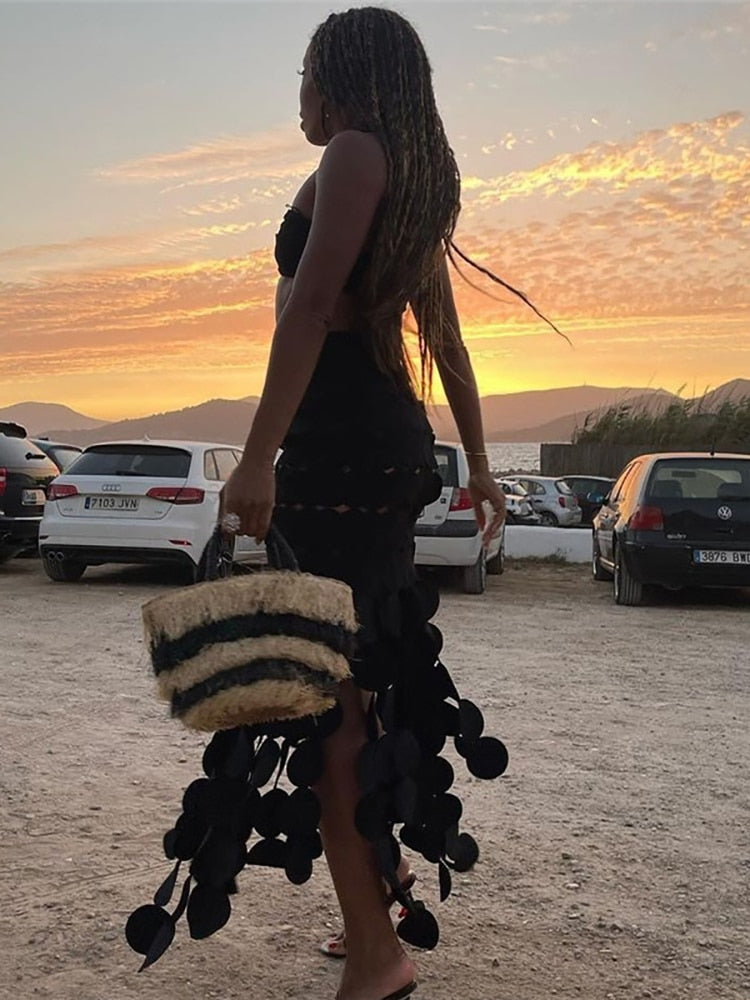 Fantoye Sexy Hollow Out A-line Women Skirt Black See Through High Waist Skirt Female Summer New Slim Elegant Party Clubwear 2023