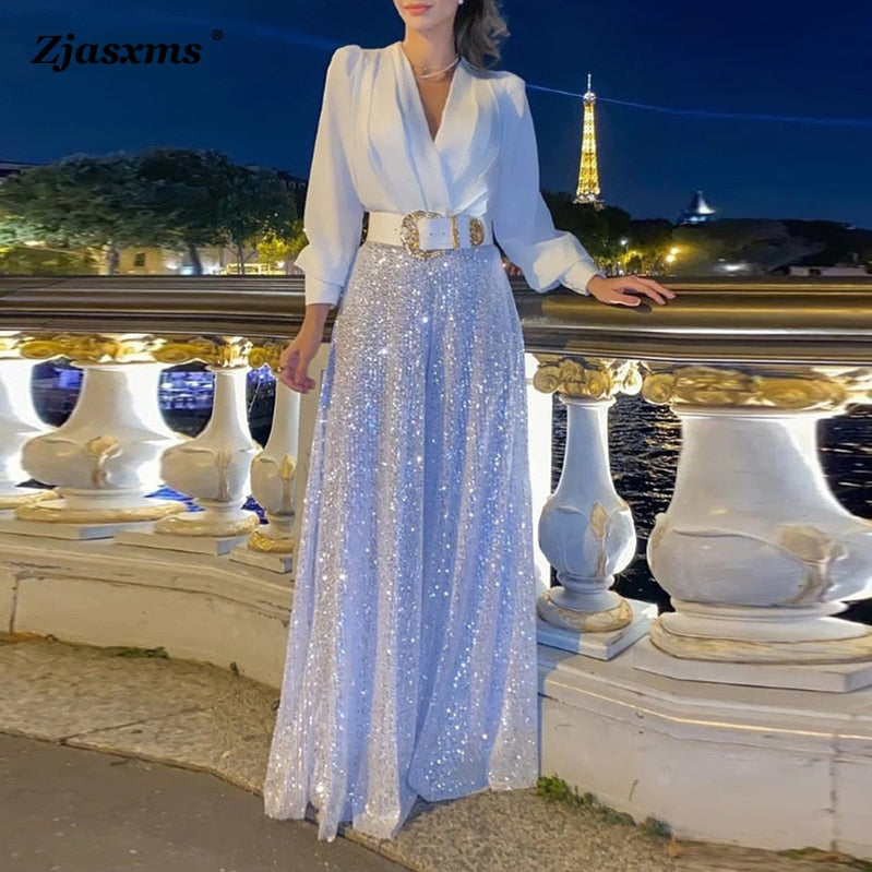 Women Long-Sleeved Shirt Sequin Wide-Leg Pant Jumpsuits Spring Summer Solid Color Loose Playsuit Casual V Neck Party Romper