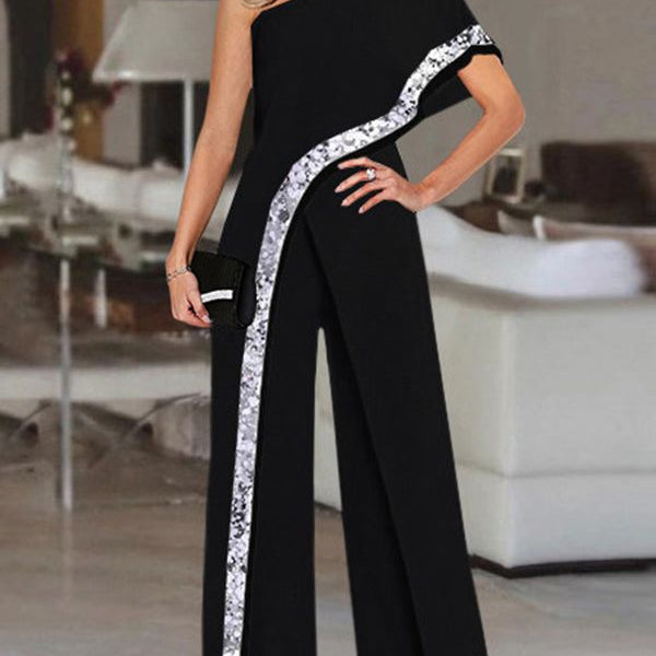 Women's Summer Rompers Elegant Office Formal Jumpsuits Casual Solid One Shoulder Sexy Loose Party Overalls Oversized Style B Black