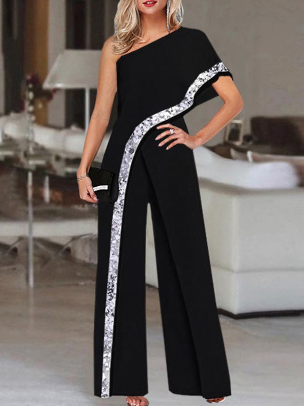 Women's Summer Rompers Elegant Office Formal Jumpsuits Casual Solid One Shoulder Sexy Loose Party Overalls Oversized Style B Black