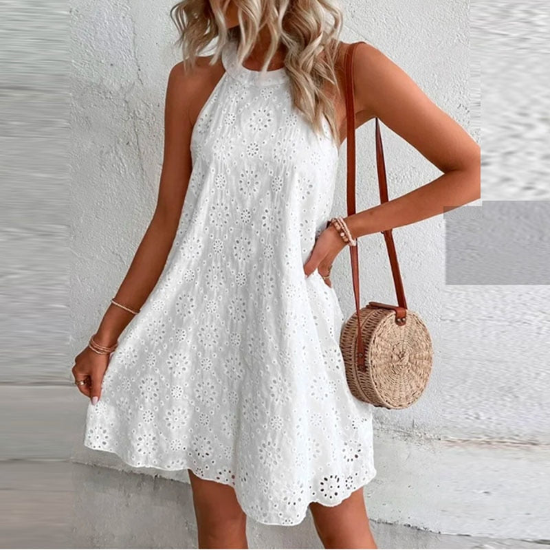 Women's Mini Dress Summer Casual O Neck Sleeveless A-line Dresses Female Fashion Holiday Beach Party Loose Dresses Vestidos White