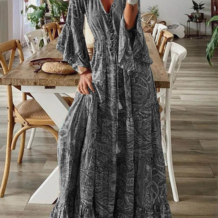Women Vintage Print Long Dress 2023 Summer Sexy V Neck Short Sleeve A-line Dress Female Elegant Elastic Waist Maxi Dresess Robe EA08432-Grey
