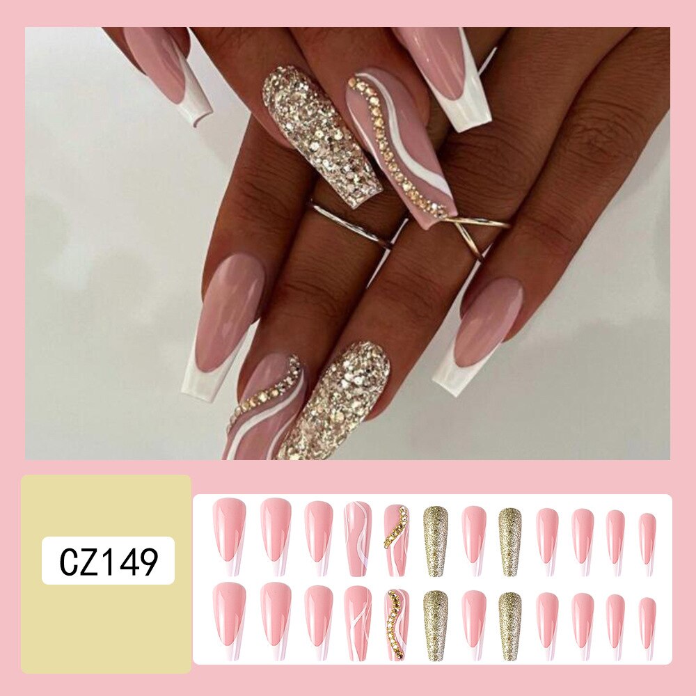 3D nude pink strobe fake nails accessories long french coffin tips with glitter diamond faux ongles press on false nail supplies Default Title