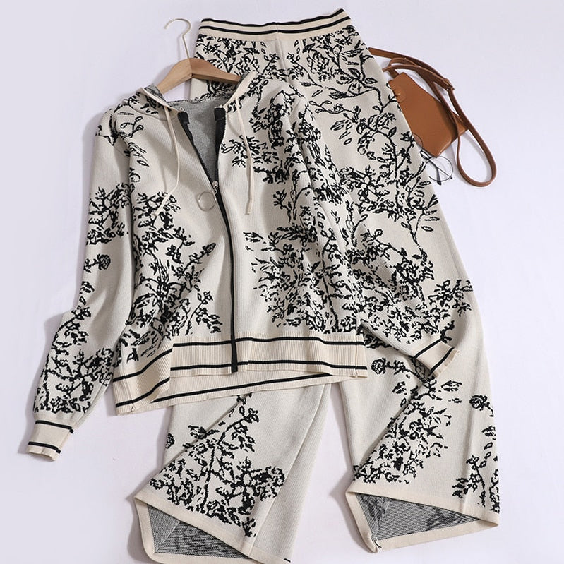 Autumn Temperament Pants Set for Women Printed Hooded Knit Cardigans + Casual High Waisted Wide Leg Pants Women Two Piece Set