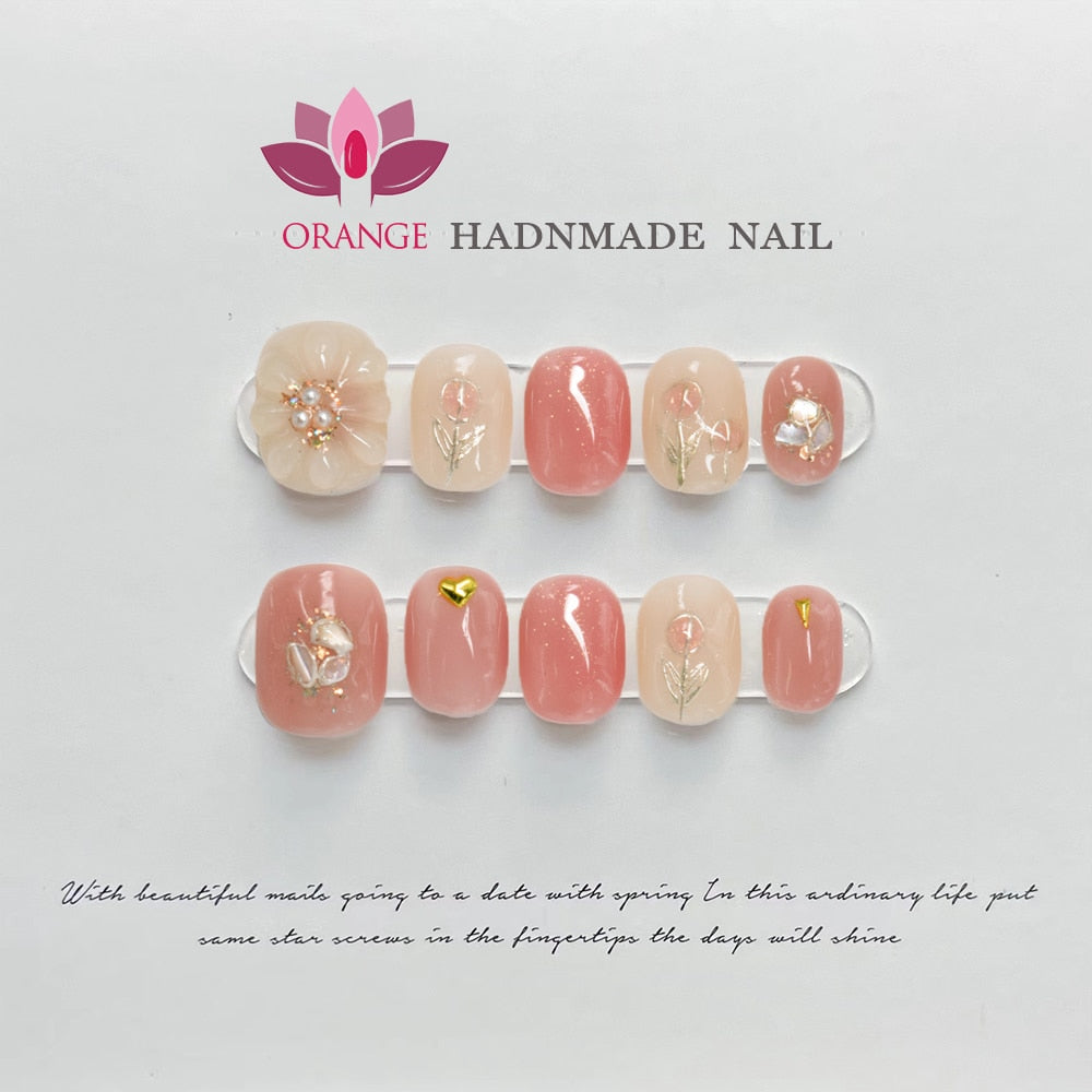 Handmade pressed on nails Short Reusable Decoration Fake Nails Design Full Cover Artificial Manicuree Wearable Orange Nail Store Spain