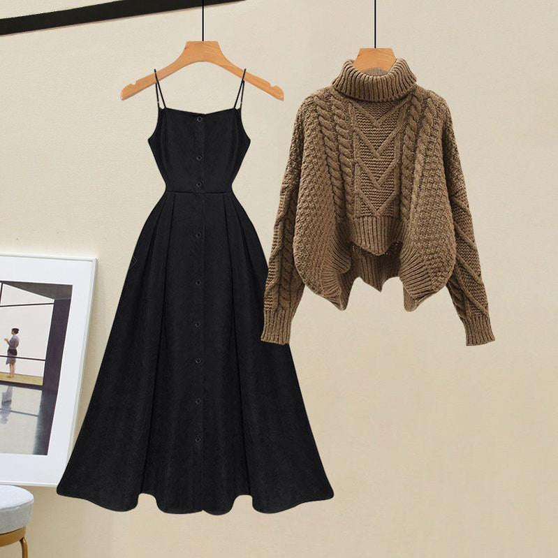 Women's Spring Autumn Single/outfits New Age Reducing Slim Covering Sweater with Waist Wrapped Dress Two Piece Set Set-03
