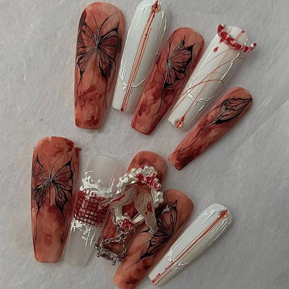 Fashion Cool Personality Cosplay Party Nails Long Coffin 3D High-End Chain Nail Tips Girls Gift Accessories