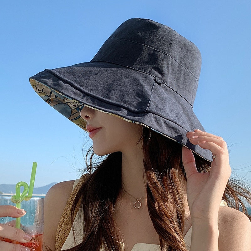Spring Summer Print Reversible Sun Beach Hat Woman Girl Outdoor Travel Vacation Fisherman Cap Wide Brim 12.5cm Visor Hat A Navy Head Girth 56-58cm