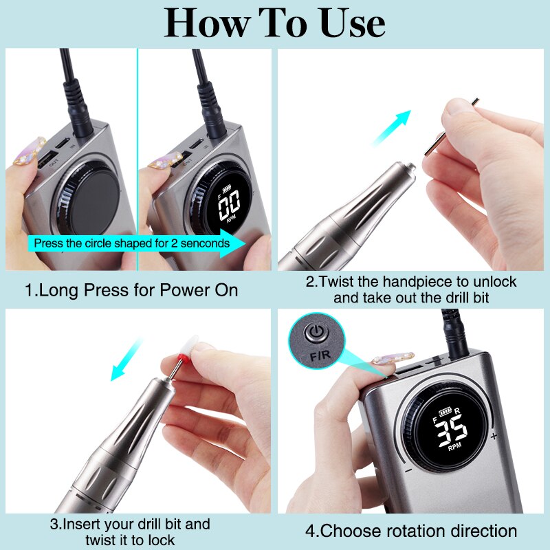 Professional Nail Drill Machine Kit 35000RPM Rechargeable Portable Electric Nail File for Manicure Acrylic Gel Nails