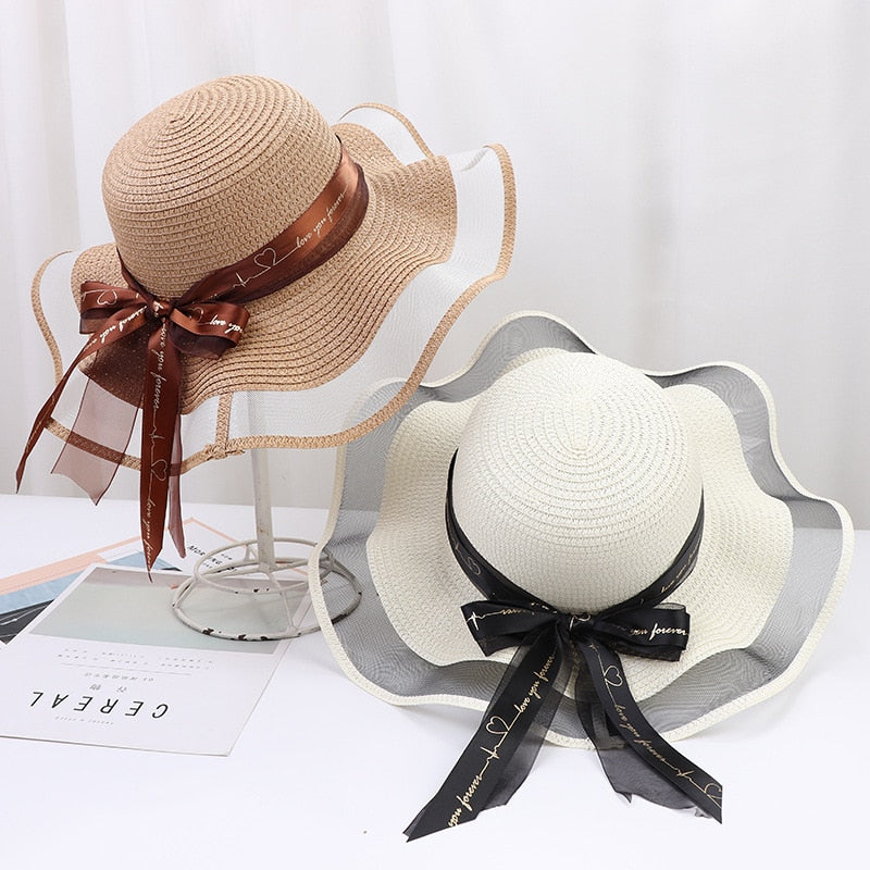 Korean Style Woman Straw Hat Bow Ribbon Large Brim Sunshade Ins Outing Fashion Beach Holiday ladies sun Hat