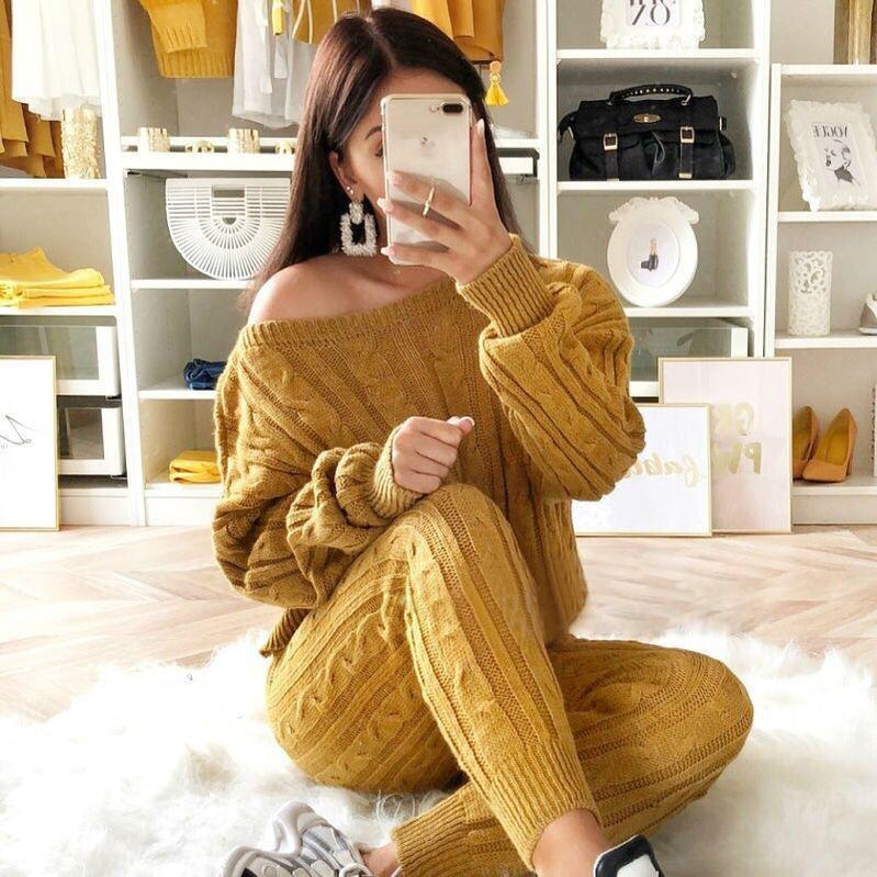 New Autumn Winter Women Knitted Tracksuit Two Piece Set Female Sweater Tops + Elastic Waist Pant Knitted Suit Women Outfits