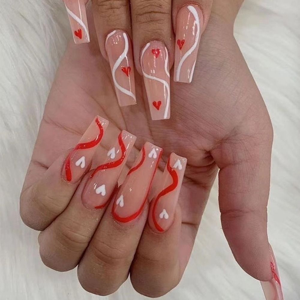 Pink Cow Design False Nail French Full Cover Long Coffin Fake Nails Glue DIY Manicure Nail Art Tools press on nails nail tips C1