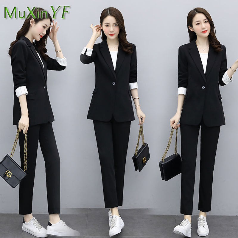 Women's Professional Wear Spring Fall New Suit Jacket Vest Pants Three-piece Korean Fashion Blazers Trousers Suspender Set