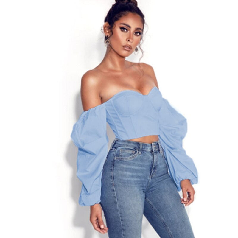 Irregular Long Sleeve Sexy Fashion Crop Short Top blue Spain