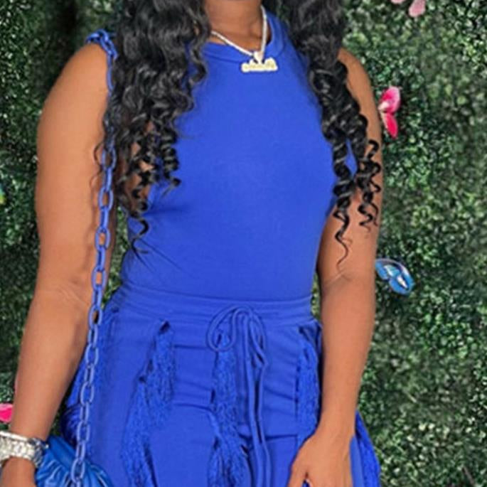 Fashion Solid Romper Casual Tank Top &amp; Tassel Decor Drawstring Pants Set Skinny Tank Jumpsuits Summer Female Outfit Streetwear E