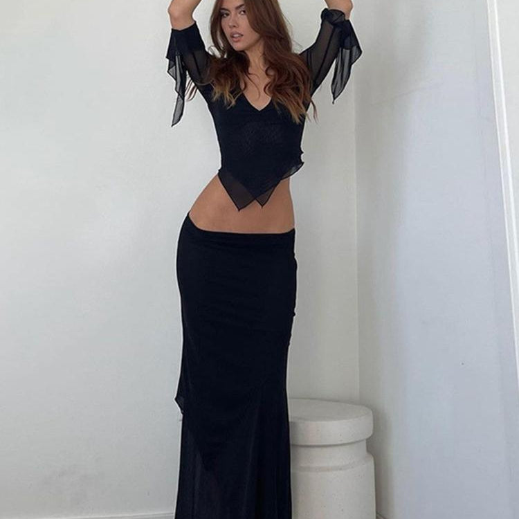 Tawnie Y2K Mesh Skirt 2 Pieces Sets Women 2023 Summer Casual V Neck Long Sleeve Crop Top Bodycon Maxi Skirt Matching Sets Outfit