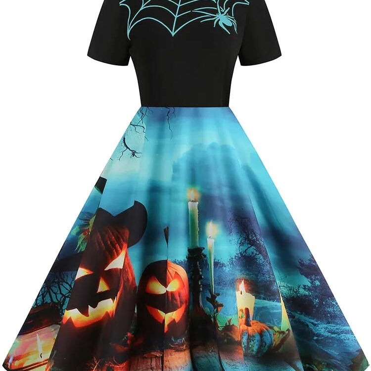 Women Halloween Costumes Dresses Short Sleeve Print Autumn Winter Vintage Party Dress Vestidos