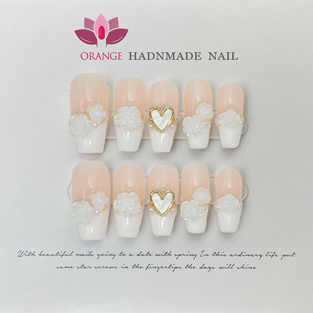 Handmade Wedding False Nails Medium Length Press on Nails With Designed Full Cover Coffin Manicuree Wearable XS S M L Size Nail