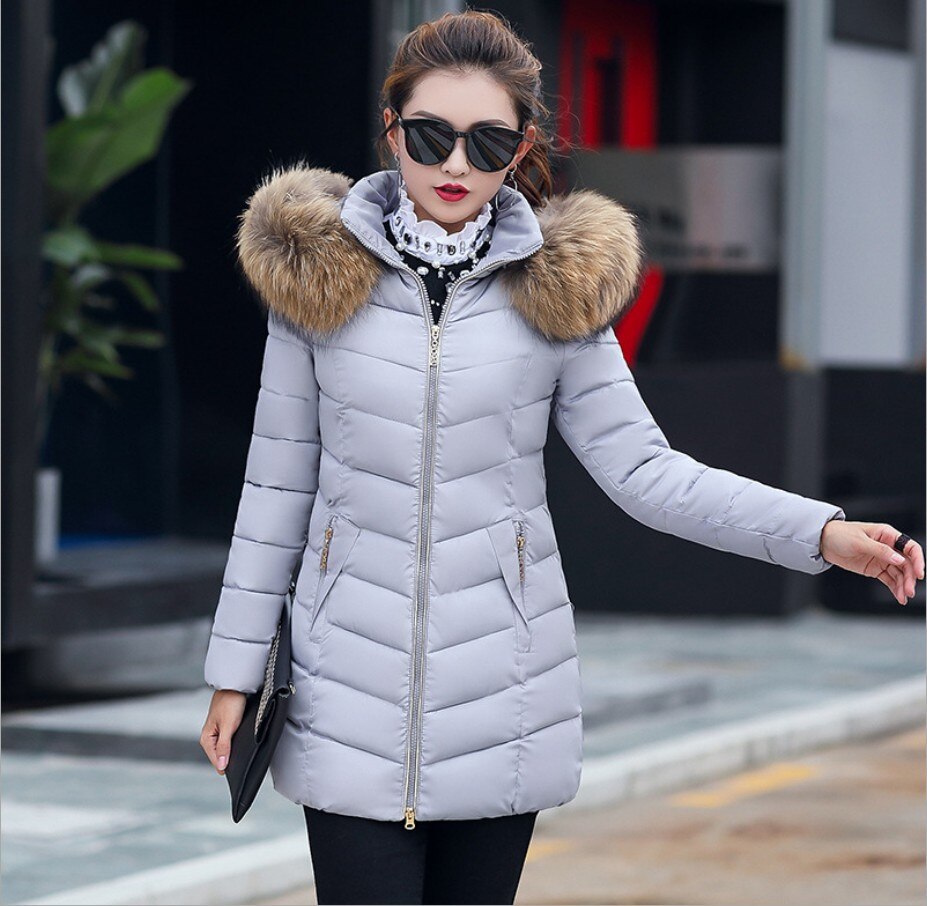 Women's Down Jacket 2024 Winter Woman Korean Style Long Zipper Slim Coats Big Fur Collar Hooded Padded Parka Jacket Female Gray