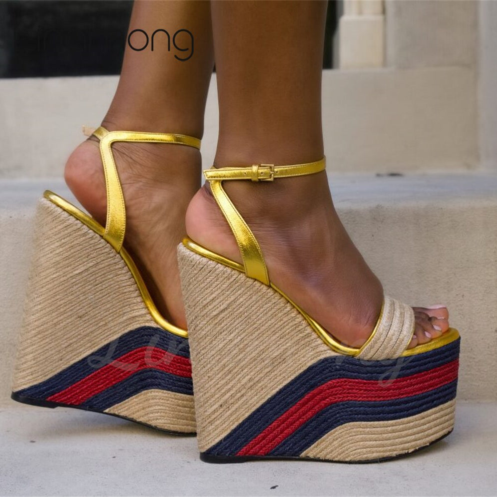 Metallic Gold Leather Espadrille Wedge Sandals Platform Ankle Strap Summer Sandals Color Block Round Toe Super High Heel Sandals