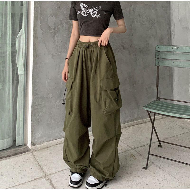 Musim panas vintage celana muatan kasual wanita streetwear lipit lipit kaki longgar kaki lurus celana panjang fashion wanita celana