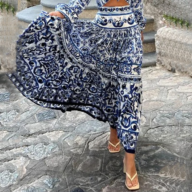 Women 2 Piece Sets Autumn Skirt Sets Sexy Lapel Porcelain Print Sets To Dress Bare Waist Long Sleeves Party Outfit