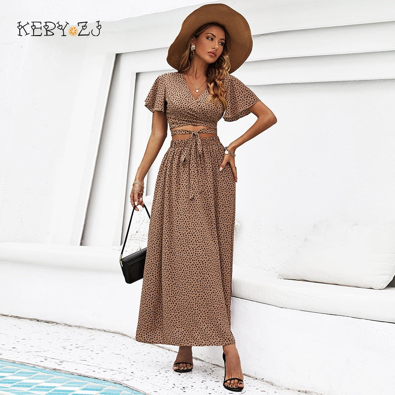 SOMMER Chiffon Set Woman Topy Piece Skirt Set Women Leopard Print Crop Top og Skirt Suits Party Milf 2 Piece Set antrekk