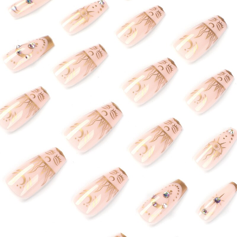 New Medium Coffin Fake Nails 24pcs Gold Eye Pattern Artificial Nails For Girls Wearable Full Cover European False Nail Tips